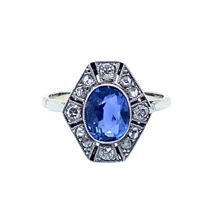 Anello Art Déco in platino con diamanti e zaffiro naturale, 1920