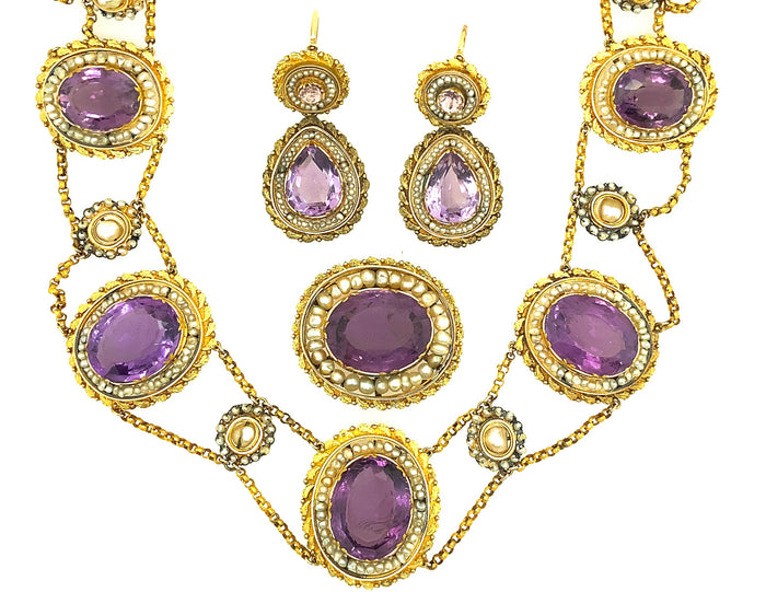 Georgian gold, amethyst and natural pearl Parure