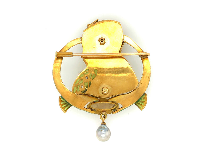 Art Nouveau gold, opal, diamond and plique à jour enamel pendant with a natural pearl.
