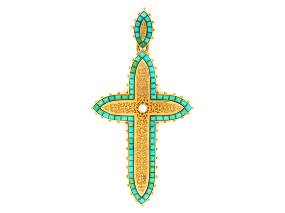 Victorian yellow gold, turquoise and pearl cross