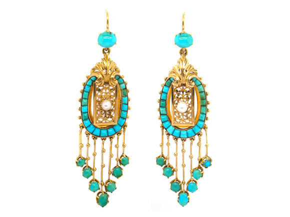 Victorian yellow gold, turquoise and pearl earrings
