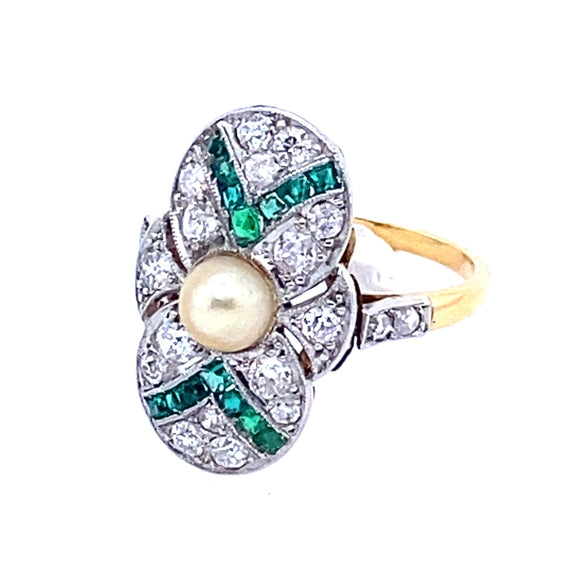 An Art Déco yellow gold platinum diamond and emerald ring centering a natural pearl