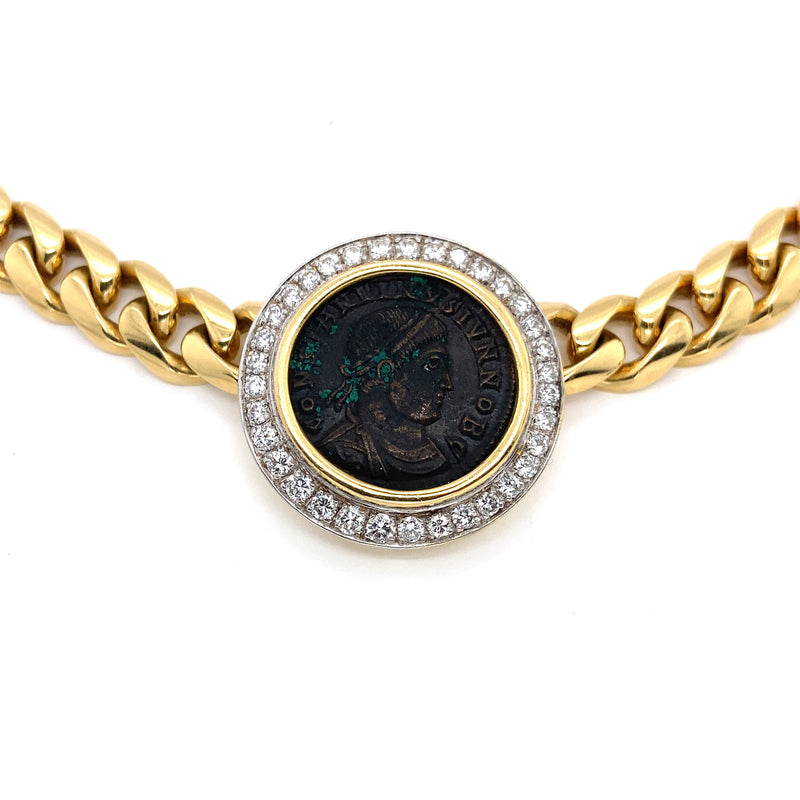 Collana Monete Bulgari in oro, moneta antica e diamanti