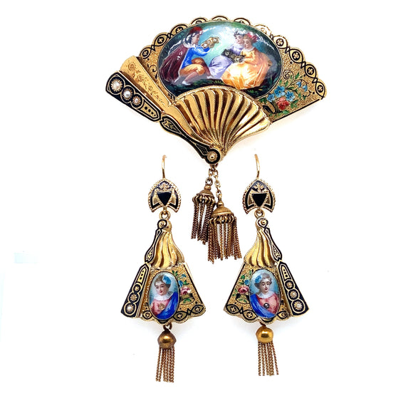 Victorian enamelled gold fan Demi parure