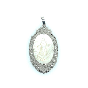 Art Deco platinum, diamond and carved mother-of-pearl pendant