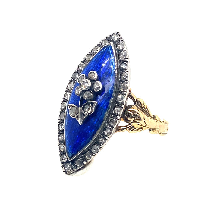 Anello vittoriano in oro, diamanti e perle smaltato blu del XIX secolo.