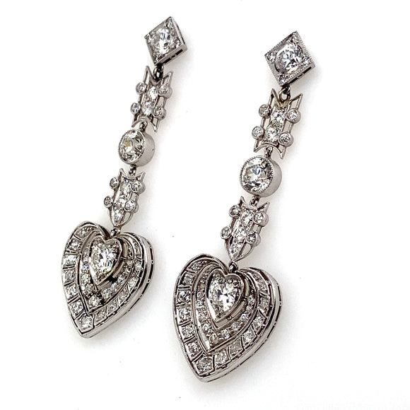 Boucles d'oreilles coeur Art Déco en platine et diamants