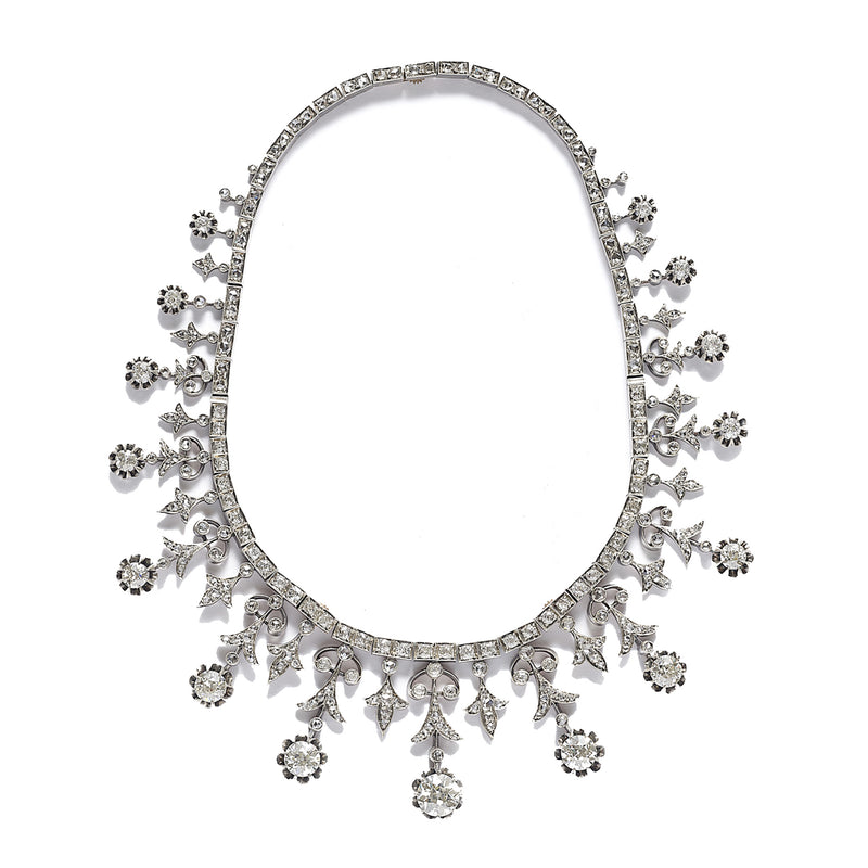 A XIX Century important silver topped, Yellow gold and old cut diamond tiara, convertible into a necklace. Probably French