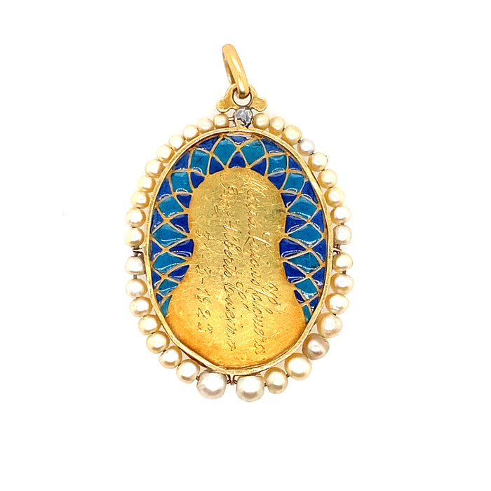 Pendente plique-a-jour in oro e perle della Vergine Maria francese