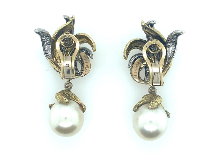 Fred Paris yellow gold, diamond and Pearl earrings. 1960