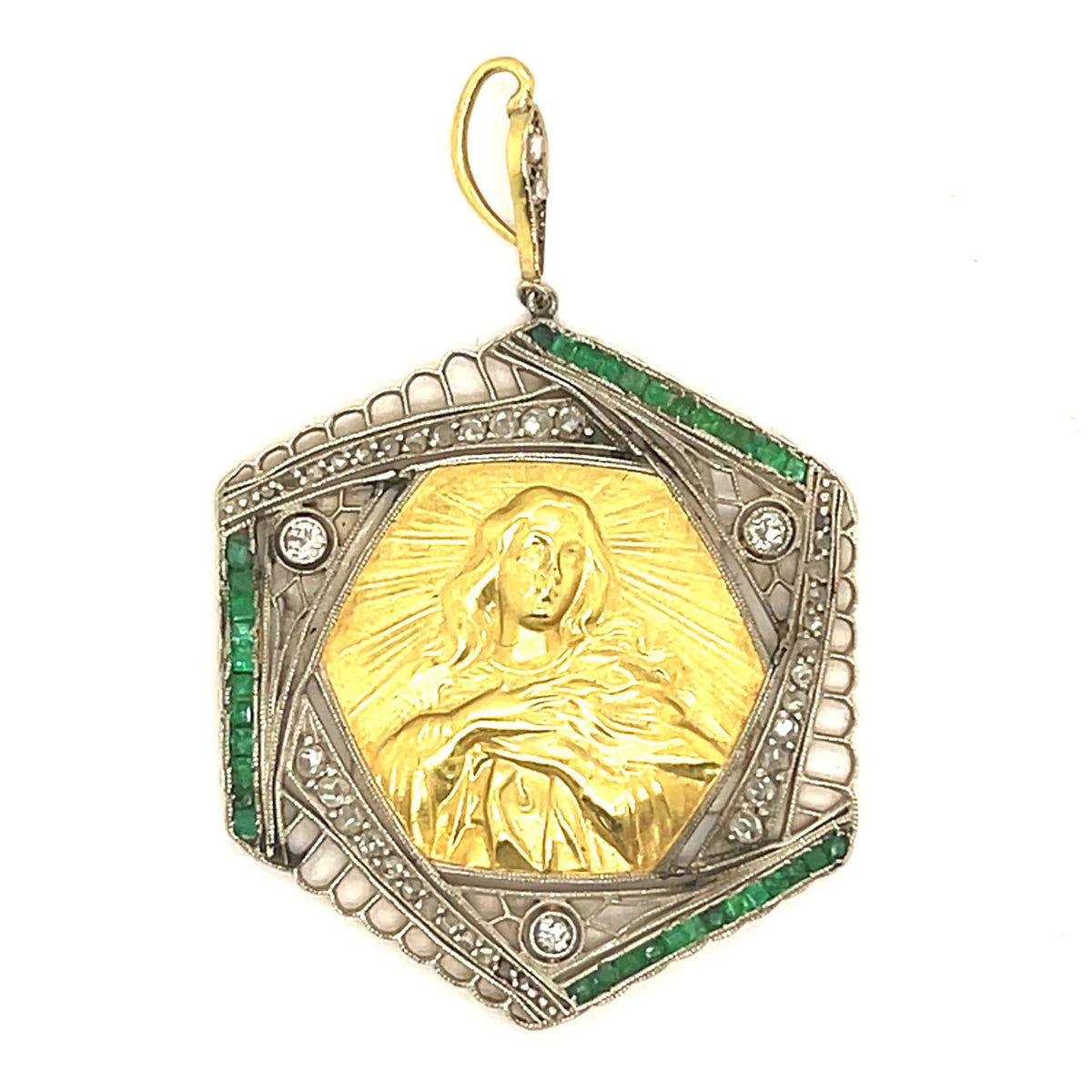 Art Déco platinum diamond and emerald pendant