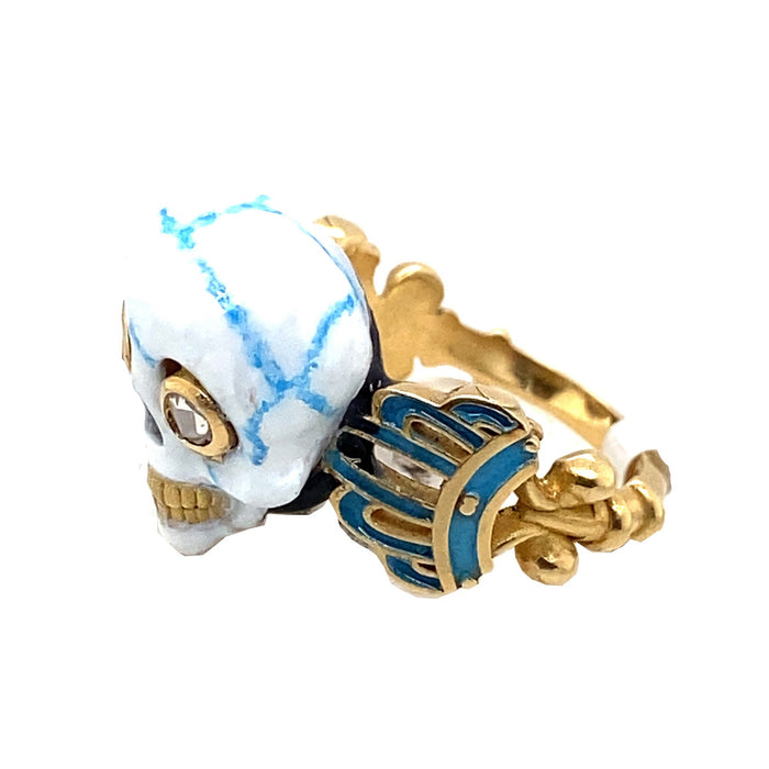 Gold white and blue enamelled diamond skull ring