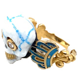 Gold white and blue enamelled diamond skull ring