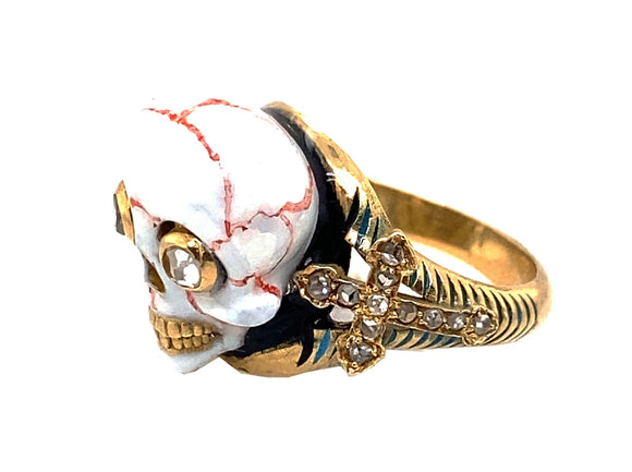 Gold diamond enamelled skull ring
