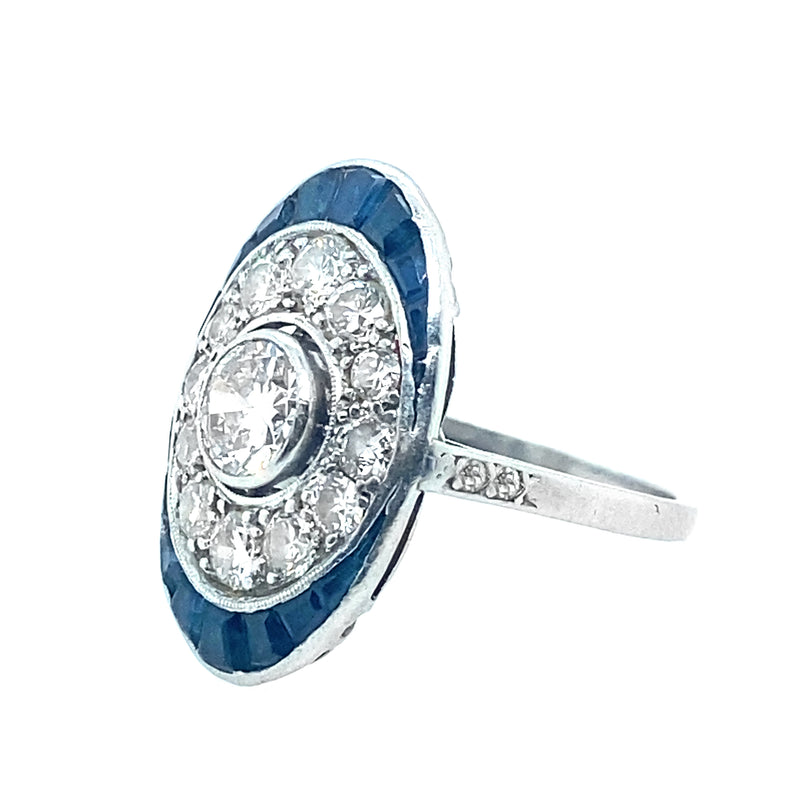 Anello Art Déco in platino con diamanti e zaffiri