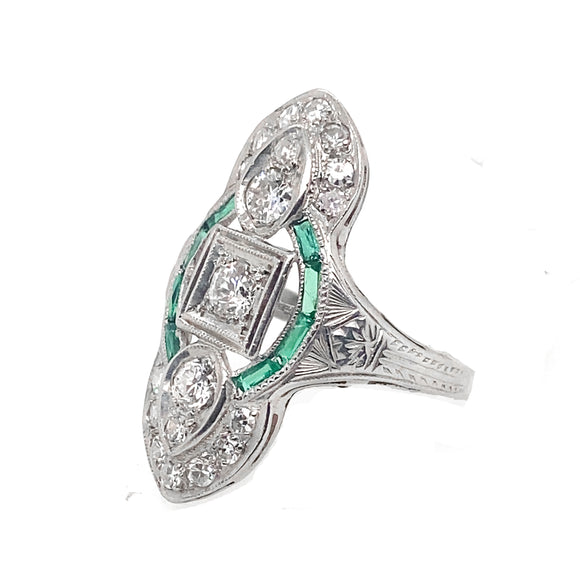 Art Déco platinum diamond and emerald ring