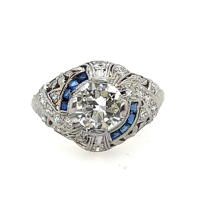 Art Déco platinum diamond and sapphire ring