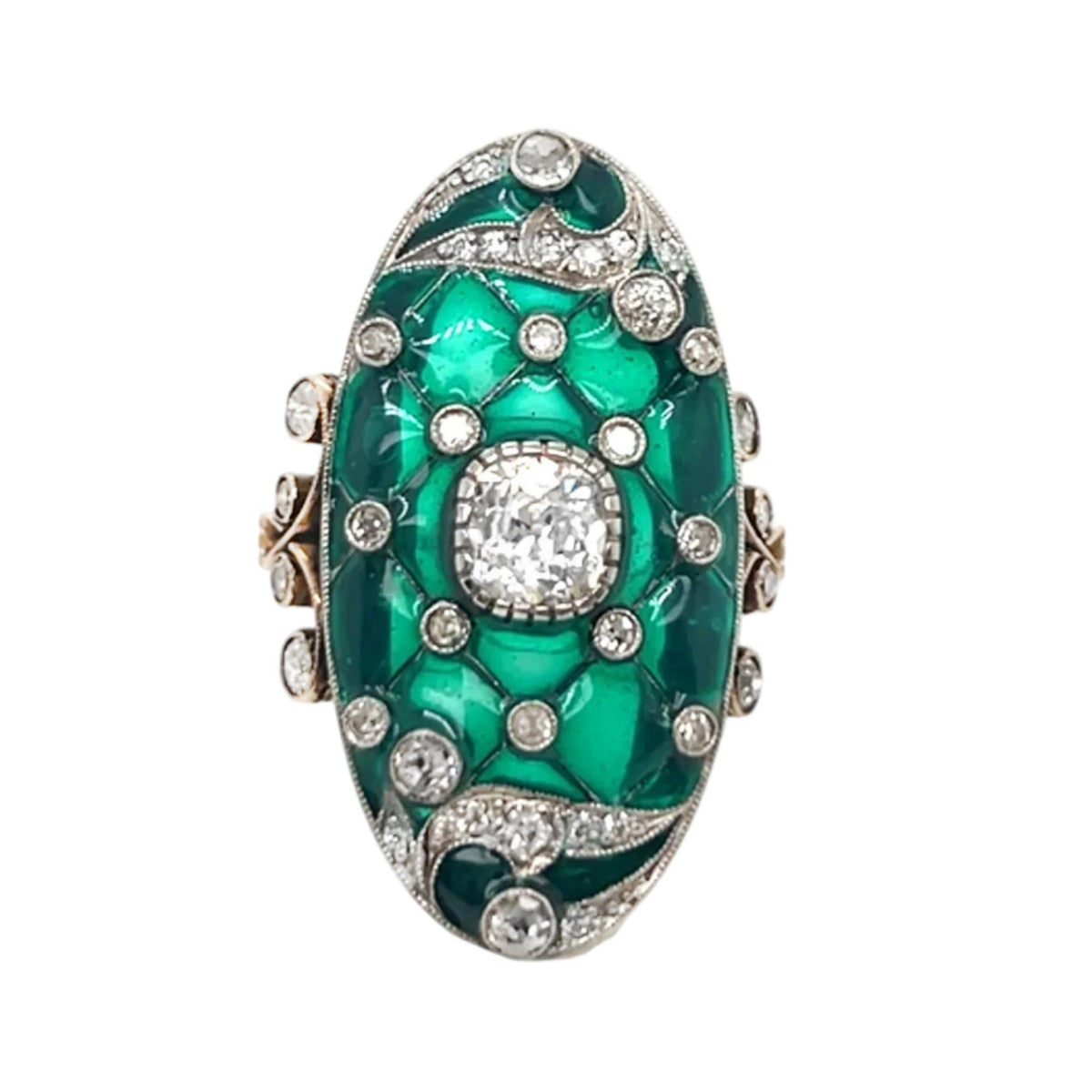 Anello Art Nouveau in oro diamanti e smalto verde, 1900 c.a. 