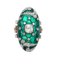 Anello Art Nouveau in oro diamanti e smalto verde, 1900 c.a. 