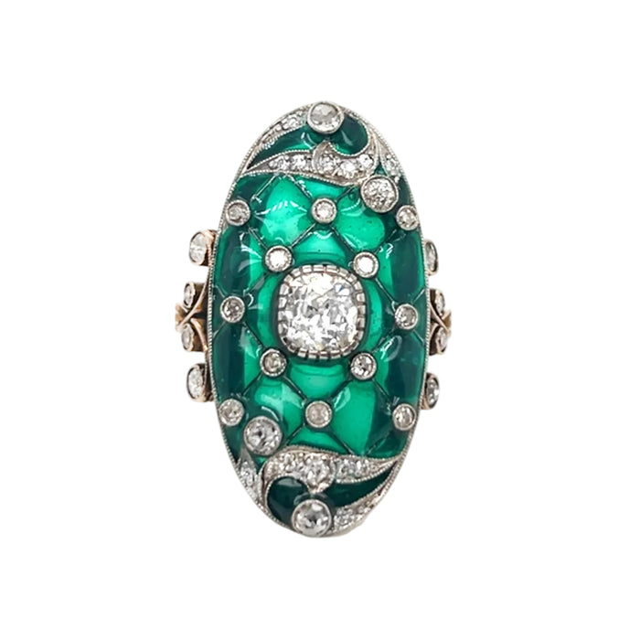 Art Nouveau gold diamond and green enamel ring, 1900 c.a