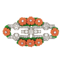 Art Déco platinum diamond, coral and malachite brooch, 1925 c.a.