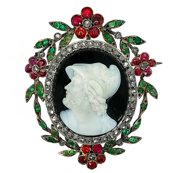 Victorian gem set cameo brooch depicting Ajax