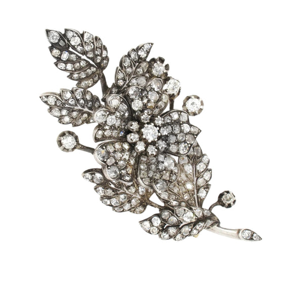 Spilla trembleuse in oro e argento con diamanti taglio vecchio e rose di diamante