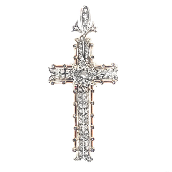 Antico ciondolo a forma di croce in oro giallo e argento con rose di diamante, 1880