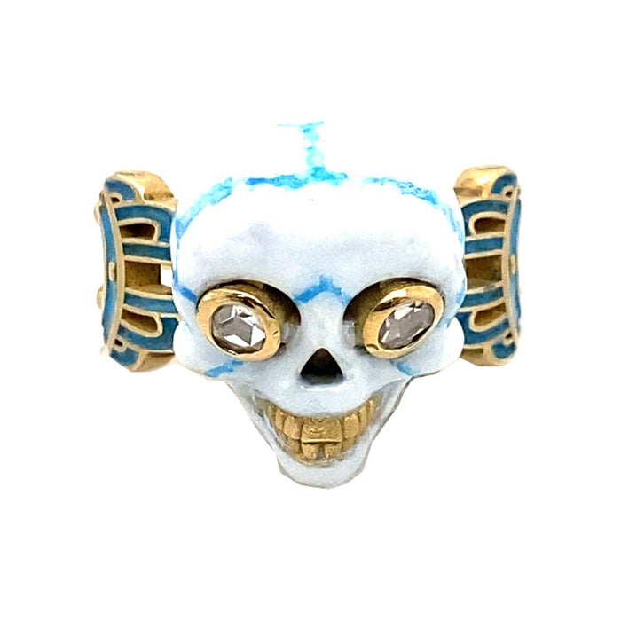 Gold white and blue enamelled diamond skull ring