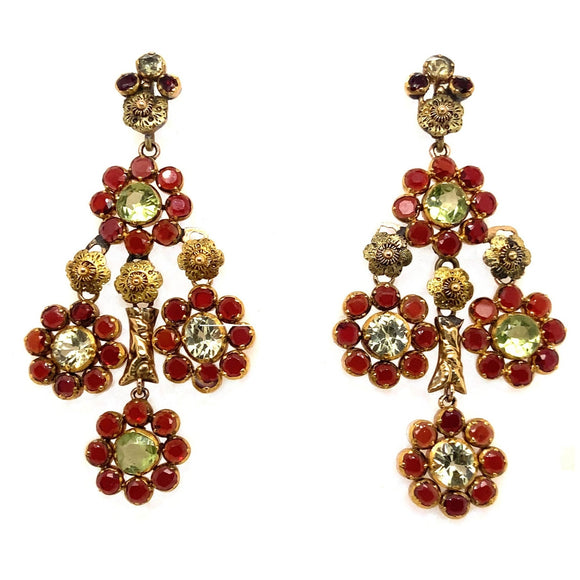 Georgian gold garnet and chrysoberyl girandole earrings