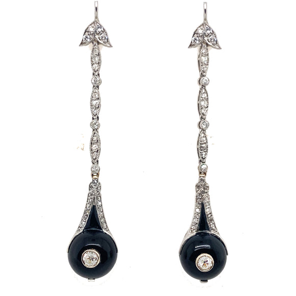 Art Déco platinum diamond and onyx long earrings