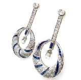 Art Déco platinum diamond and sapphire briolette earrings.