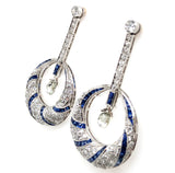 Boucles d'oreilles briolette diamant et saphir Art Déco en platine.