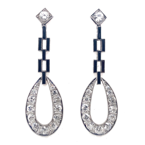 Delicate Art Déco platinum diamond and onyx earrings,. 1925