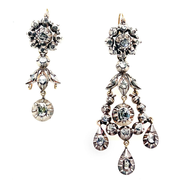 Georgian gold silver and diamond chandelier earrings , 1830.