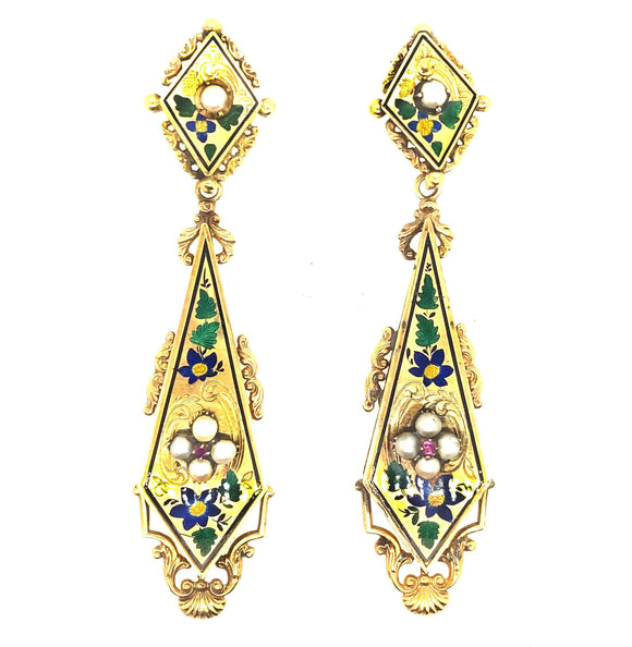 Victorian gold pearl, ruby enameled earrings, mid 19th century