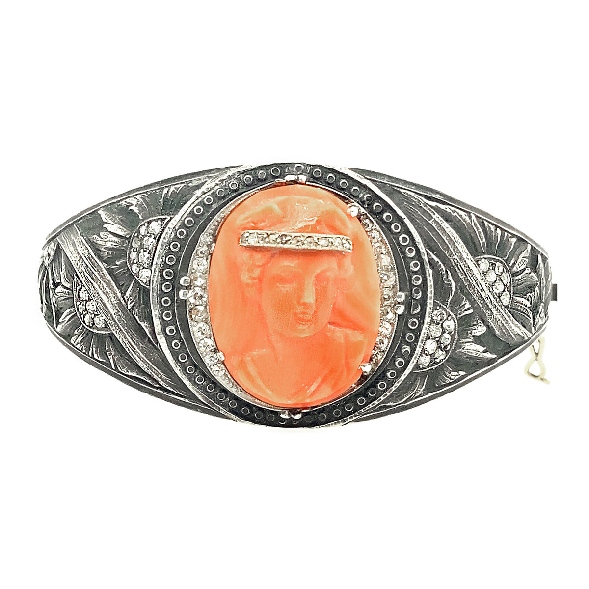 Unique Victorian cameo, diamond, gold and iron bangle bracelet
