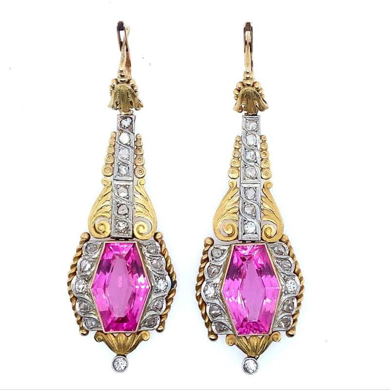 Fuset y Grau gold, platinum diamond and pink stone earrings