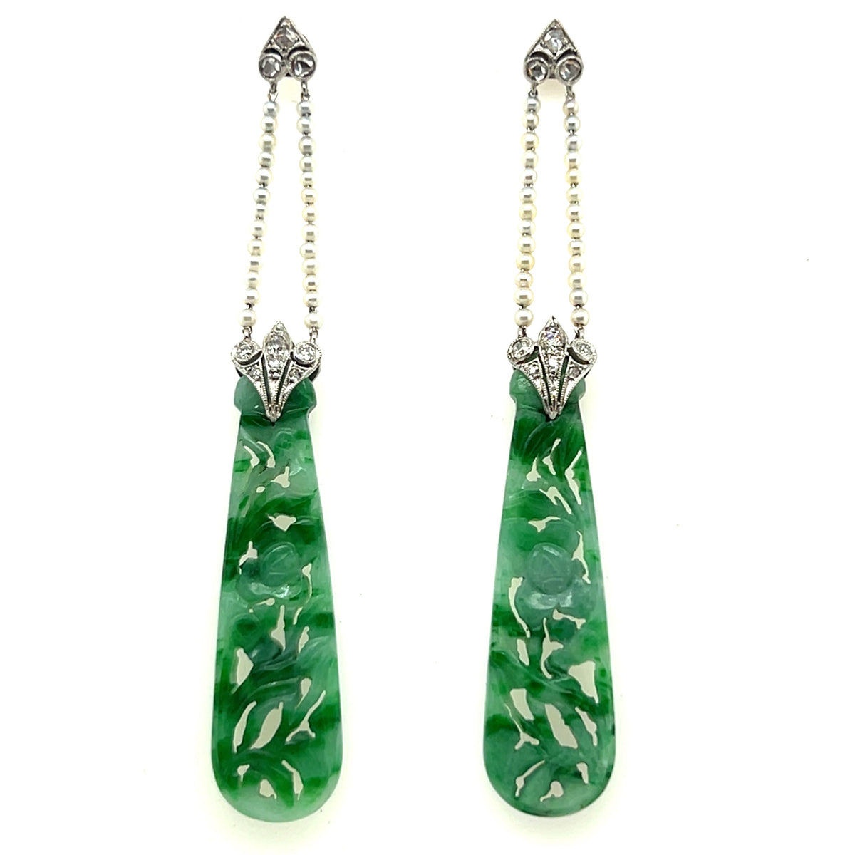 Art Déco Platinum, Diamond, Pearl and Carved Jade Drop Earrings