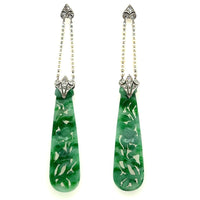 Art Déco Platinum, Diamond, Pearl and Carved Jade Drop Earrings