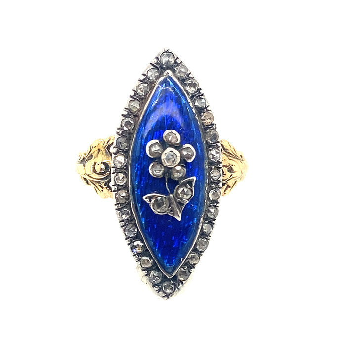 Anello vittoriano in oro, diamanti e perle smaltato blu del XIX secolo.