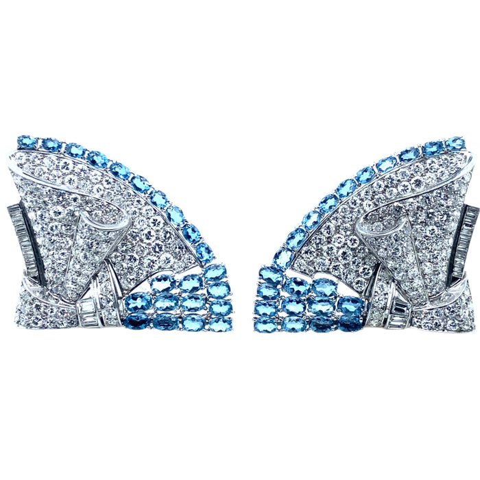 Art Déco platinum diamond and aquamarine double clip brooch. 1930
