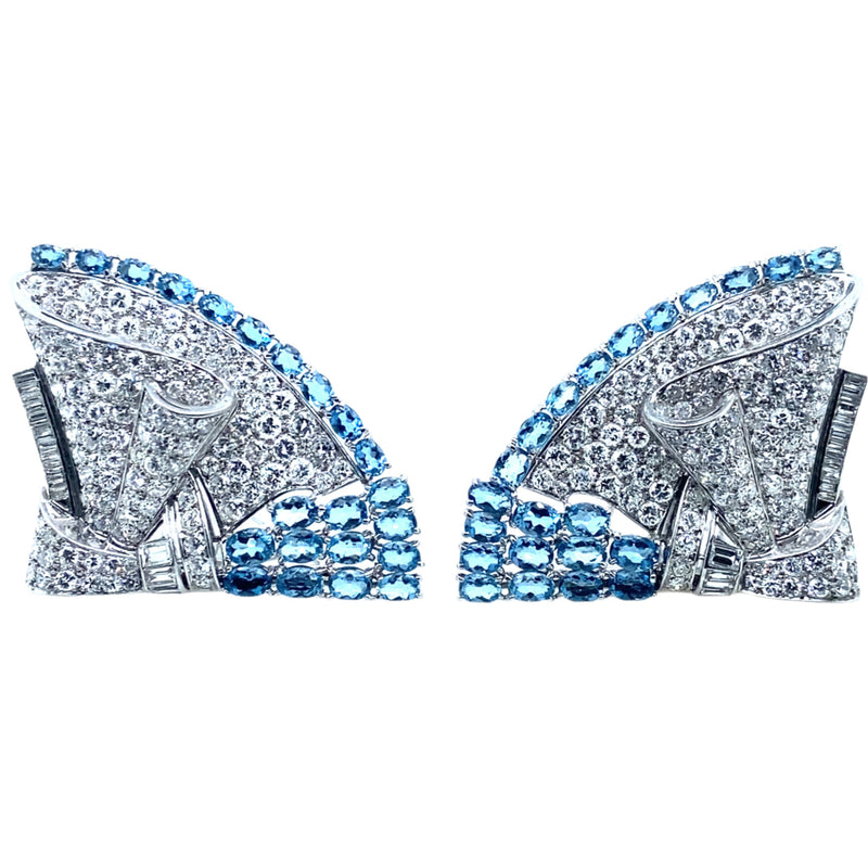 Art Déco platinum diamond and aquamarine double clip brooch. 1930