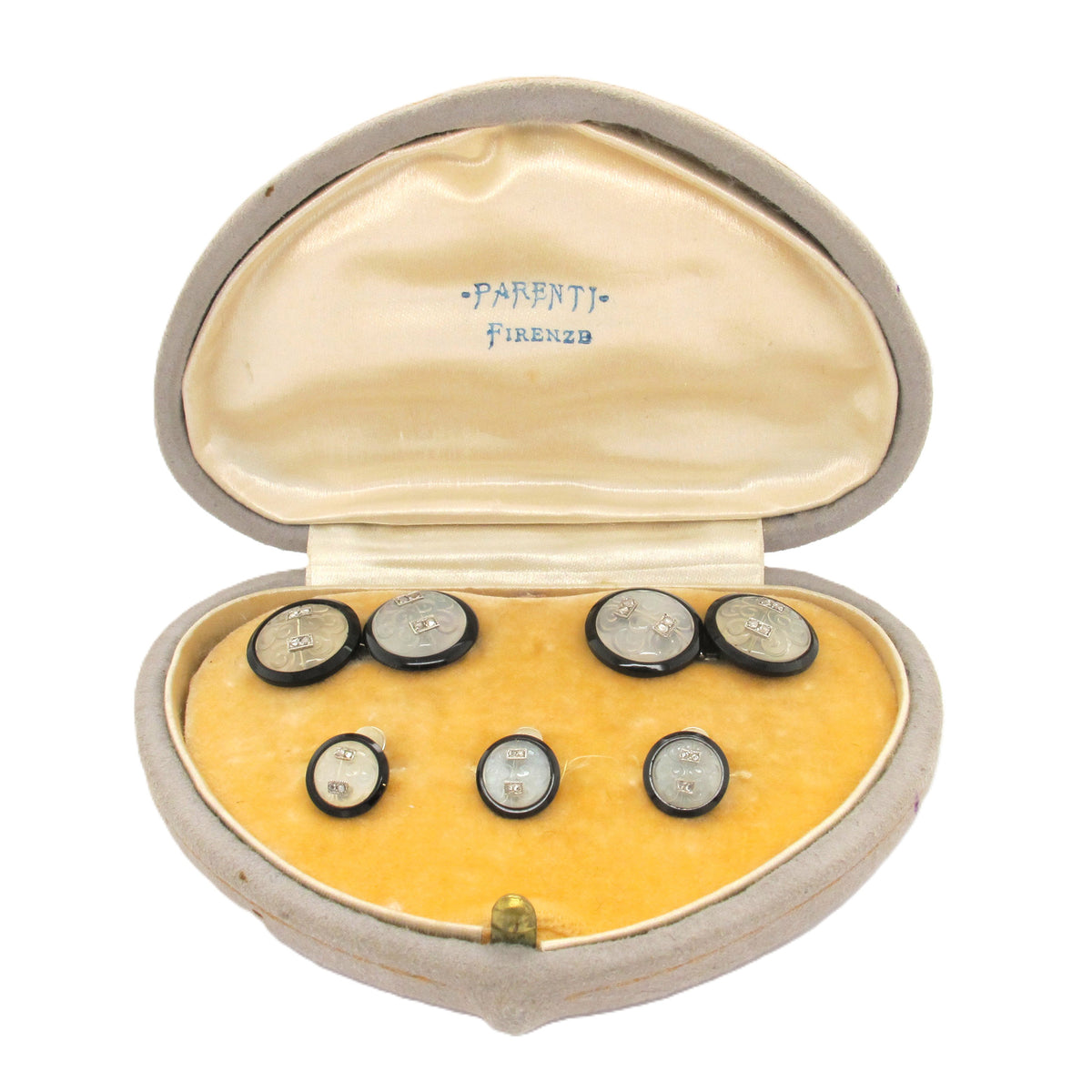 Art Déco platinum, diamond, rock crystal and enamel cufflinks set