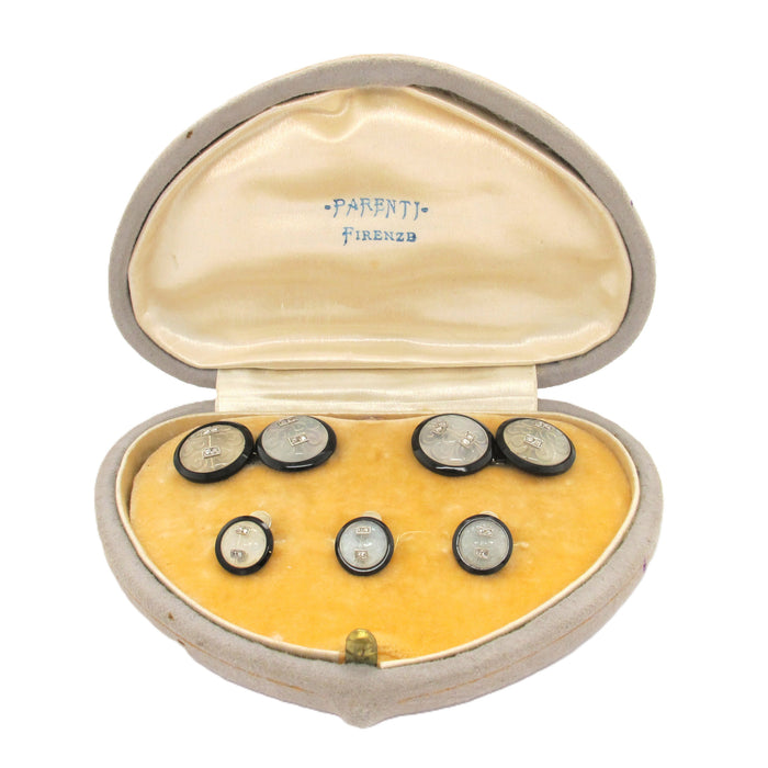 Art Déco platinum, diamond, rock crystal and enamel cufflinks set