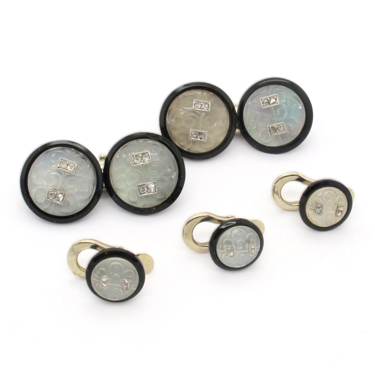Art Déco platinum, diamond, rock crystal and enamel cufflinks set