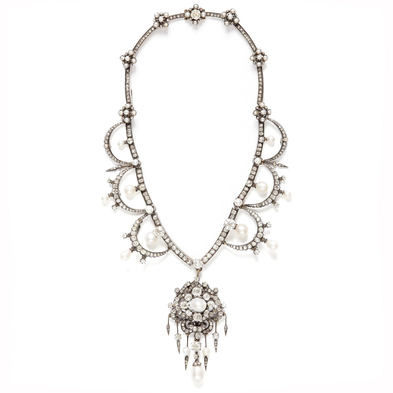 Important Victorian diamond and natural pearl necklace. 1850