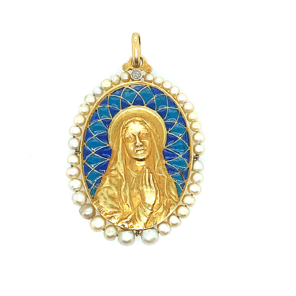 French Virgin Mary plique-a-jour gold and pearl pendant