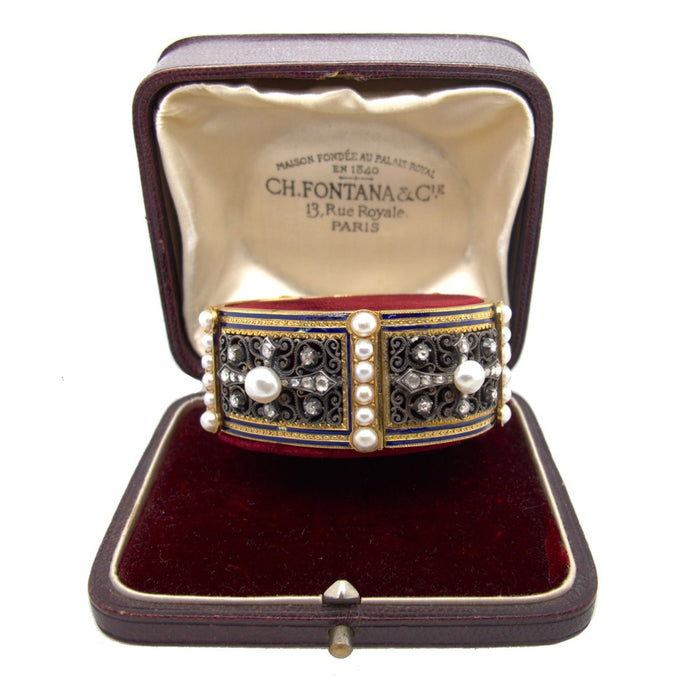 Bracciale antico in oro, argento, diamanti taglio rosa e perle naturali del XIX secolo. Parigi, Fontana. 1870 ca.