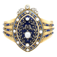 A Victorian yellow gold, silver, diamond, natural pearls and blue enamel bracelet